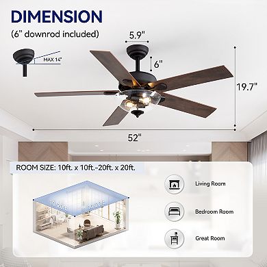 52-in traditional fan, light kit, 5 plywood blades, 6-speed DC motor, remote, timer