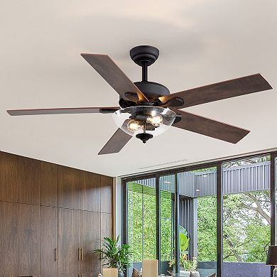 52-in traditional fan, light kit, 5 plywood blades, 6-speed DC motor, remote, timer