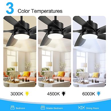 54-in indoor fan, 5 ABS blades, DC motor, 6-speed remote, 3-color light, memory