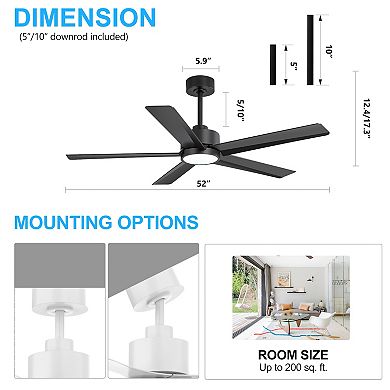 52-in ceiling fan, 5 ABS blades, 5&10" downrods, DC motor, 6-speed remote, 3-color light, timer