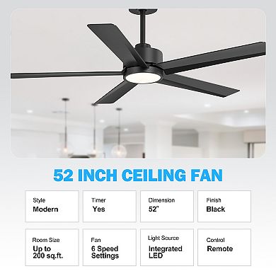 52-in ceiling fan, 5 ABS blades, 5&10" downrods, DC motor, 6-speed remote, 3-color light, timer
