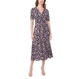 Women's MSK V-Neck Tie Waist Floral Midi Dress