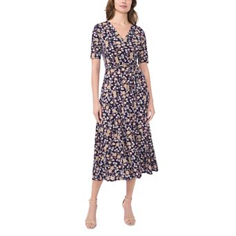 Women's MSK V-Neck Tie Waist Floral Midi Dress