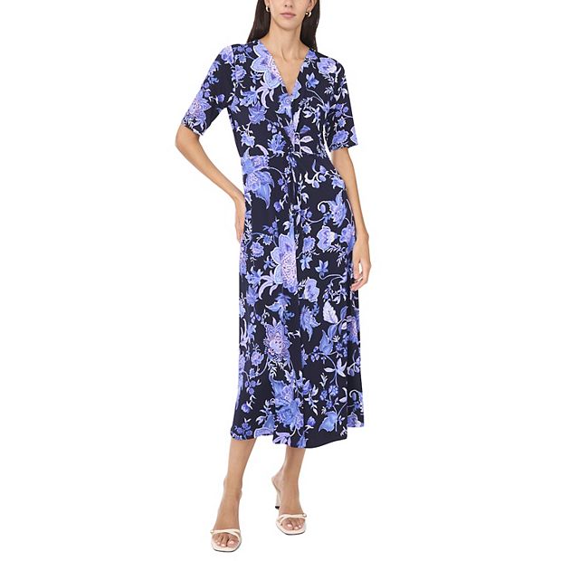 Msk Women's V Neck Twist Front Midi Dress - NAVY MULTI - Size S