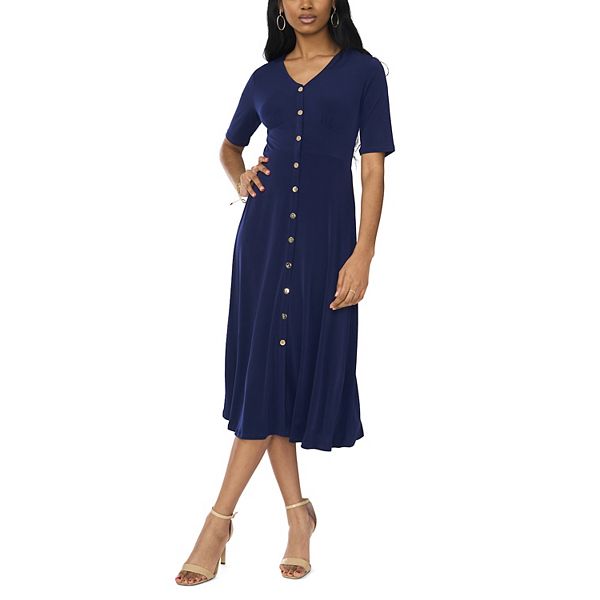 silk long sleeve midi dress Long-Sleeved Midi Dress with Flared Skirt in Plain Navy Silk