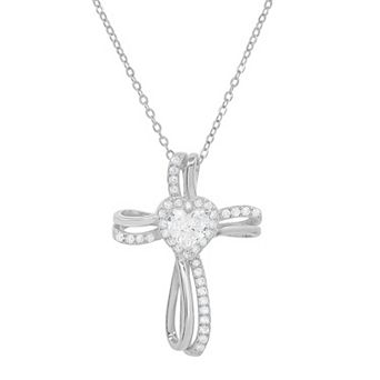 Queen Jewels Sterling Silver Heart-Cut Cubic Zirconia Cross Pendant Necklace