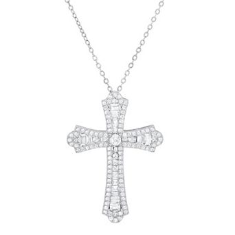 Queen Jewels Sterling Silver Baguette-Cut Cubic Zirconia Cross Pendant Necklace