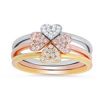 Queen Jewels Tri Tone Sterling Silver 3 pc Stackable Cubic Zirconia Heart Clover Ring Set