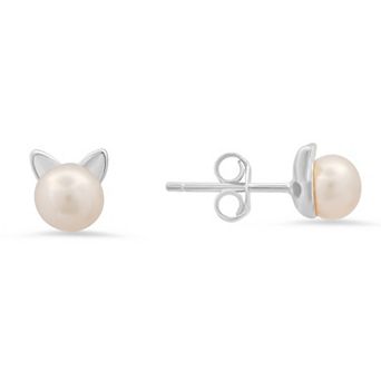 Queen Jewels Sterling Silver Freshwater Cultured Pearl Kitty Cat Stud Earrings