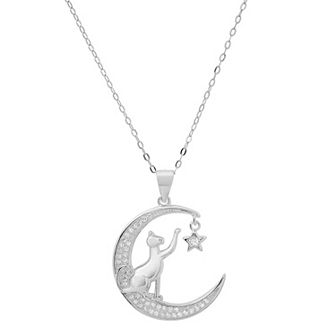 Queen Jewels Sterling Silver Playful Celestial Kitty Cat Pendant Necklace