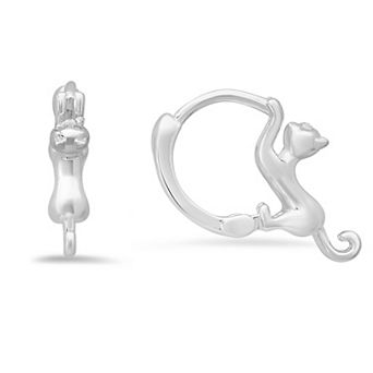 Queen Jewels Sterling Silver Cubic Zirconia Dangling Kitty Cat Hoop Earrings