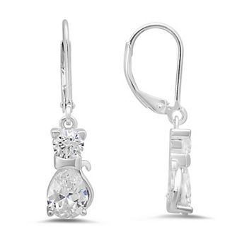 Queen Jewels Sterling Silver Cubic Zirconia Kitty Cat Leverback Earrings
