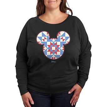 Plus Size Disney's Minnie Mouse Quilt Pattern Ears French Terry Long Sleeve Tee