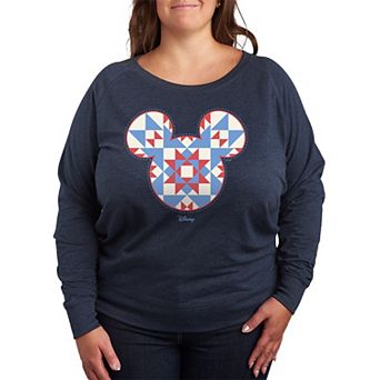 Plus Size Disney's Minnie Mouse Quilt Pattern Ears French Terry Long Sleeve Tee