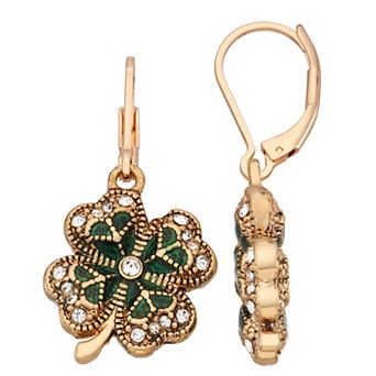 Napier Gold Tone Green Shamrock Drop Earrings