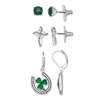 Napier 3-Pair Silver Tone Lucky Shamrock Earring Set