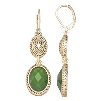 Napier Gold-Tone Simulated Green Stone Drop Leverback Earrings