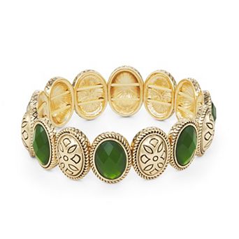 Napier Gold-Tone Simulated Green Stone Stretch Bracelet