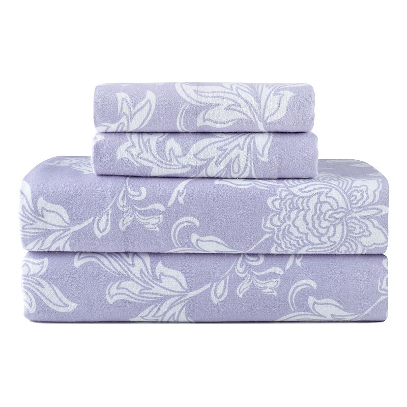 Pointehaven 180 GSM Brushed Cotton Fashion Printed Flannel Sheet Set or Pillowcases, Purple Bloom