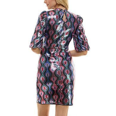 Women's Nicole Miller Printed Sequin Blouson Sleeve Sheath Dress