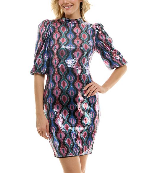 Женские платья Nicole Miller Printed Sequin Blouson Sleeve Sheath Dress