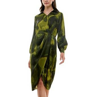 Women's Nicole Miller Printed Surplice Satin Shirtdress