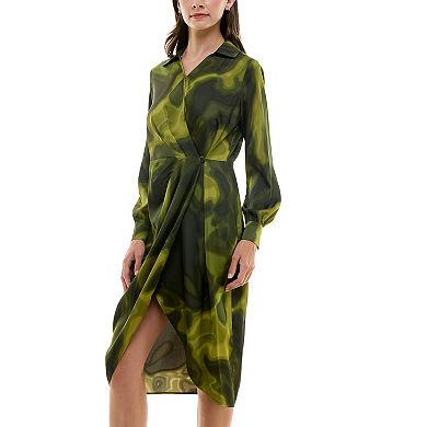 Women's Nicole Miller Printed Surplice Satin Shirtdress