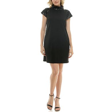 Women's Nicole Miller Cap Sleeve Sequin & Crepe Black Dress