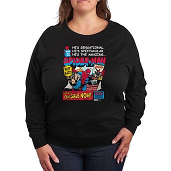 Plus Size Spider-Man Retro Comic Book Cover French Terry Long Sleeve Tee