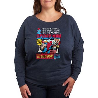 Plus Size Spider-Man Retro Comic Book Cover French Terry Long Sleeve Tee