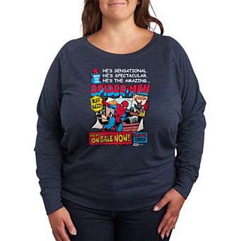 Plus Size Spider-Man Retro Comic Book Cover French Terry Long Sleeve Tee