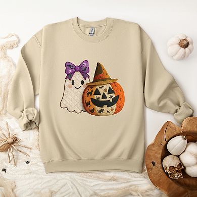 Ghost and Pumpkin Patchwork Print - Womens Sweatshirt