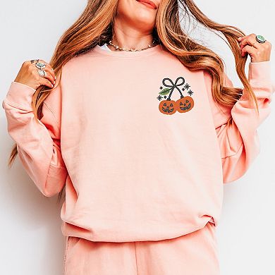 Embroidered Pumpkin Bow - Women's Lightweight Garment Dyed Sweatshirt