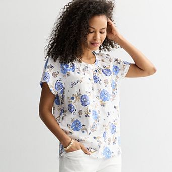 Petite Croft & Barrow® Smocked Short Sleeve Blouse