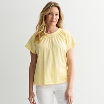 Petite Croft & Barrow® Smocked Short Sleeve Blouse