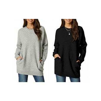 2 Packs Womens' Round Neck Long Sleeve Casual Sweater with Pockets