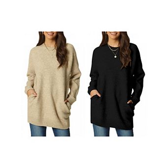 2 Packs Womens' Round Neck Long Sleeve Casual Sweater with Pockets