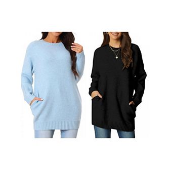 2 Packs Womens' Round Neck Long Sleeve Casual Sweater with Pockets