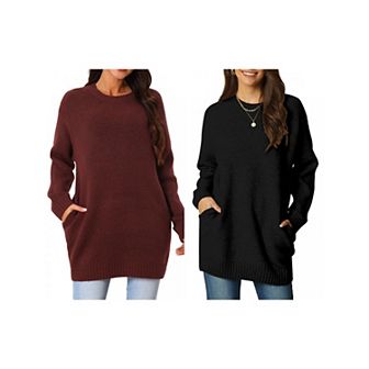 2 Packs Womens' Round Neck Long Sleeve Casual Sweater with Pockets