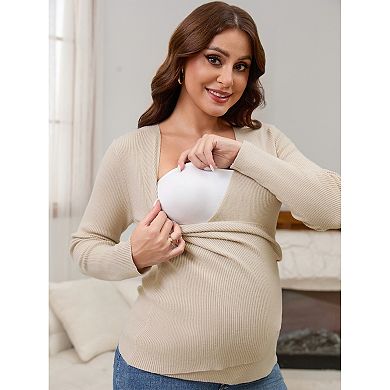 Women's Maternity Long Sleeve Blouse V Neck Stretch Wrap Tops Breastfeeding Ruched Sweater Shirt