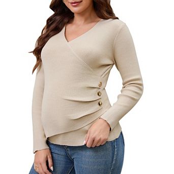 Women's Maternity Long Sleeve Blouse V Neck Stretch Wrap Tops Breastfeeding Ruched Sweater Shirt