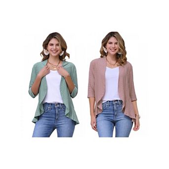 2 Packs Women's Eyelet Cardigan 3/4 Sleeve Lapel Neck Ruffle Open Front Casual Cardigans