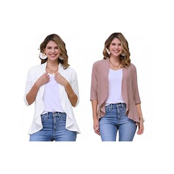 2 Packs Women's Eyelet Cardigan 3/4 Sleeve Lapel Neck Ruffle Open Front Casual Cardigans