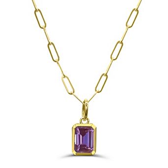 Luna Mia 10k Gold Emerald Cut Gemstone Bezel Set Paperclip Link Chain Pendant Necklace