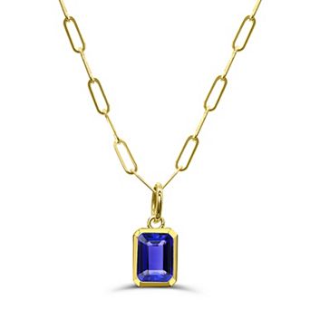 Luna Mia 10k Gold Emerald Cut Gemstone Bezel Set Paperclip Link Chain Pendant Necklace