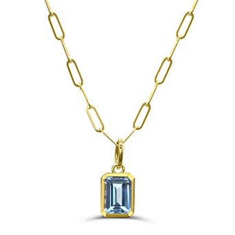 Luna Mia 10k Gold Emerald Cut Gemstone Bezel Set Paperclip Link Chain Pendant Necklace
