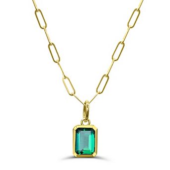 Luna Mia 10k Gold Emerald Cut Gemstone Bezel Set Paperclip Link Chain Pendant Necklace