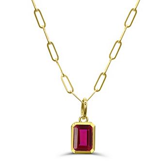 Luna Mia 10k Gold Emerald Cut Gemstone Bezel Set Paperclip Link Chain Pendant Necklace