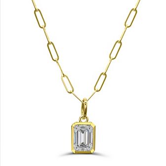 Luna Mia 10k Gold Emerald Cut Gemstone Bezel Set Paperclip Link Chain Pendant Necklace
