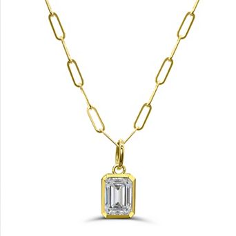 Luna Mia 10k Gold Emerald Cut Gemstone Bezel Set Paperclip Link Chain Pendant Necklace